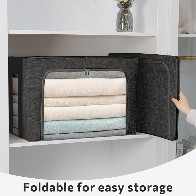 FHSQX 2 Pack Clothes Storage Bins Foldable Metal Frame Storage Box Linen Fabric - Image 2