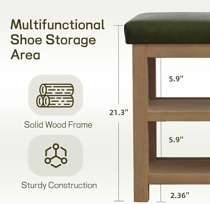 Zihanhome Shoe Rack Bench with Leather Cushion, 2 Tier Solid Wood Storage Bench - Image 7