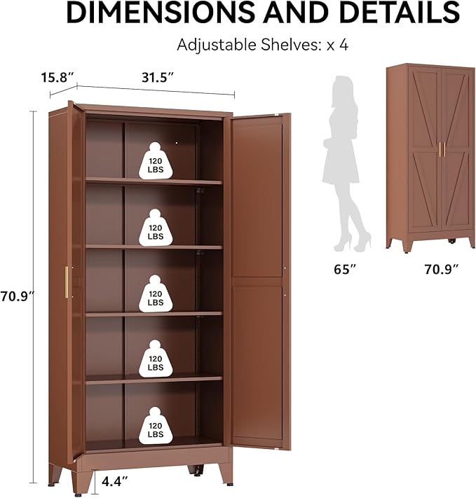 COFaR 71" Metal Pantry Cabinet in Brown, 5-Tier Storage - Image 2