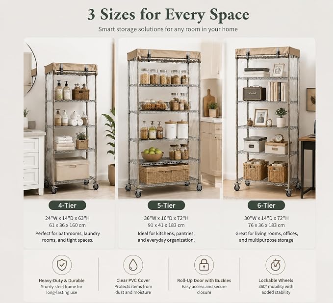 4-Tier Wire Shelf with Clear Cover, leveling feet, adjustable shelves, and - Image 3