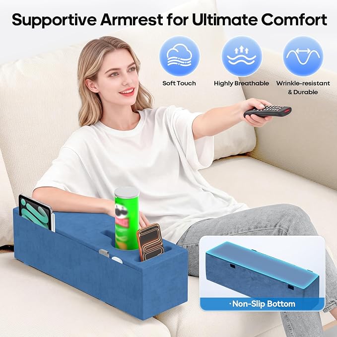 Sofa Armrest Couch Caddy with Cup Holder, Removable Couch Armrest Table Pillow - Image 2