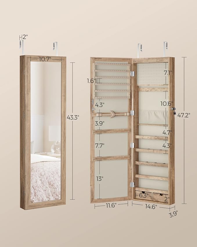 SONGMICS 6 LEDs Mirror Jewelry Cabinet, 47.2-Inch Tall Lockable Wall or Door - Image 6