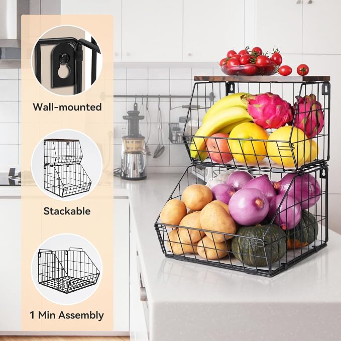 Wawocs 2 Tier Stackable Wall Mounted Hanging Basket, Fruit Basket - Image 3