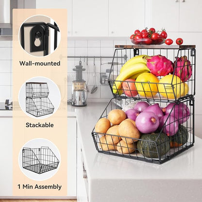 Wawocs 2 Tier Stackable Wall Mounted Hanging Basket, Fruit Basket - Image 3