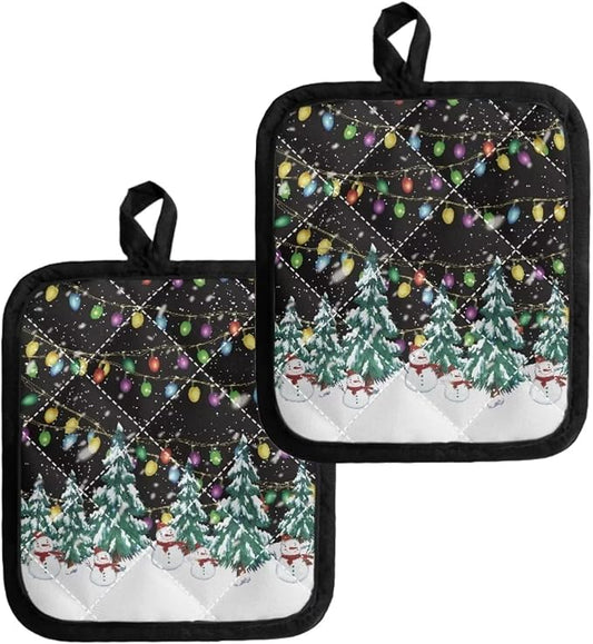 Christmas Snowman Trees Colorful Lights Print Pot Rack Holder Set of 2 Kitchen by Jndtueit