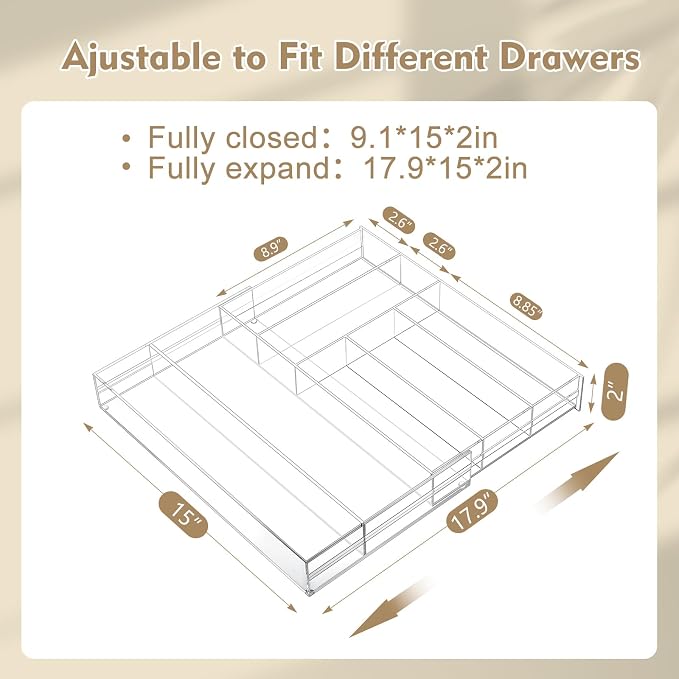 1 Pcs Acrylic Drawer Organizer 9'' up to 18'' x 15'' x 2'' Expandable Drawer - Image 2