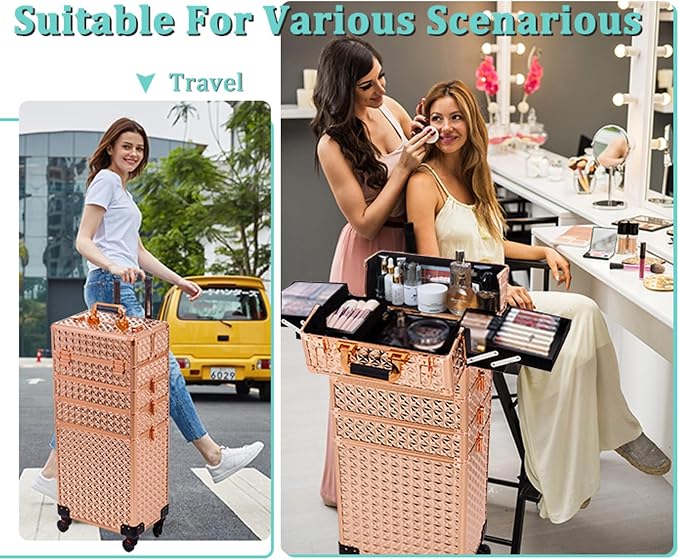 AROUS 5 in 1 Rolling Makeup Train Case Cosmetology Case on Wheels Large - Image 2