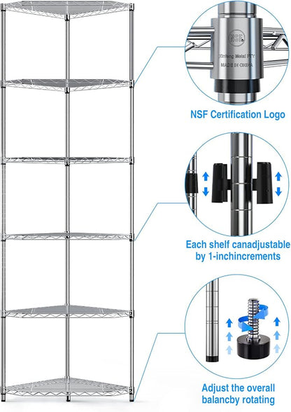 6-Tier NSF Metal Corner Shelf Wire Shelving Unit - Image 4