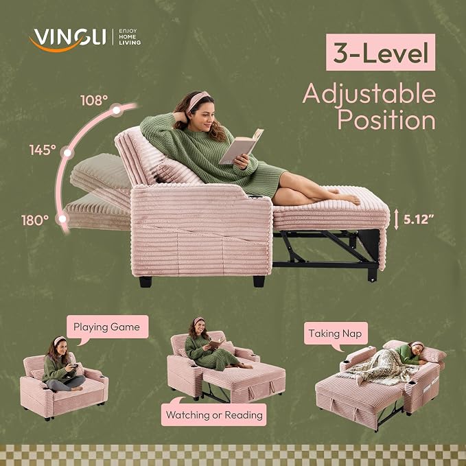 VINGLI Pink Futon Sofa Bed Convertible Loveseat Sleeper Sofa Couch, Corduroy - Image 5