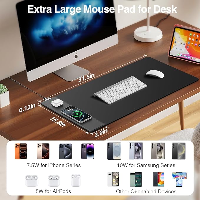 Magnetic Wireless Charging Mouse Pad, 31.5"x15.8" Large Gaming Desk Mat - Image 3