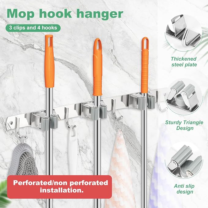 5 Pack Broom Holder Wall Mount 3 Racks 4 Hooks Stainless Steel Broom Mop Holder - Image 3
