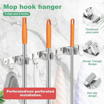 3 Pack Broom Holder Wall Mount 3 Racks 4 Hooks Stainless Steel Broom Mop Holder - Image 9