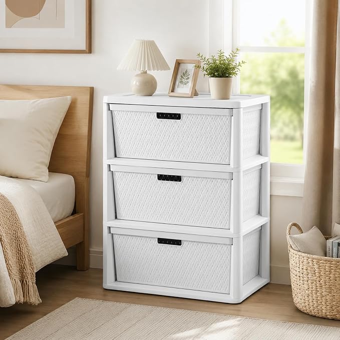 Plastic 3-Drawer Storage Tower, Decorative Cross-Weave Organizer - Image 2