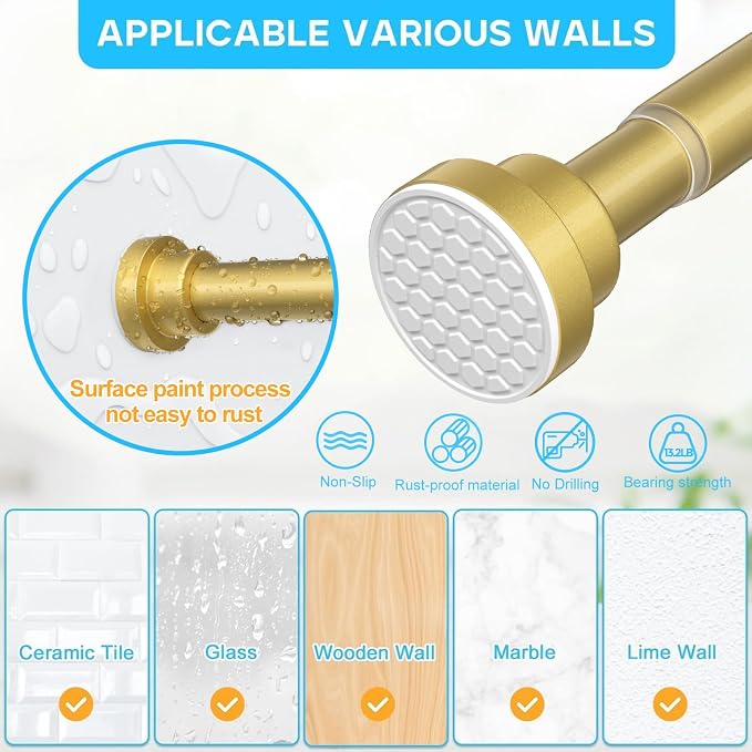1 Pack Gold Spring Tension Curtain Rod 28-48 Inches, 7/8" inch Adjustable - Image 3