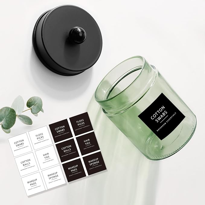 Amolliar Sage Green Glass Apothecary Jar, Qtip Holder Metal Lid & Stickers - Image 3