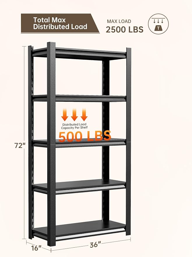 JHYKHG 72" H Storage Shelves, 5-Tier Heavy Duty Garage Shelving, Adjustable - Image 3