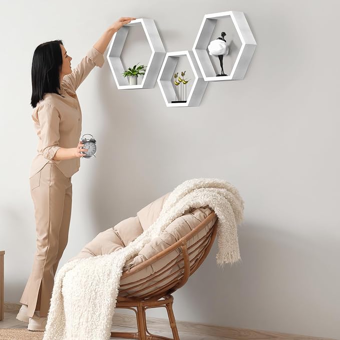 CADUKE Hexagon Floating Shelves Set of 3, Modern Honeycomb Floating Hanging - Image 6