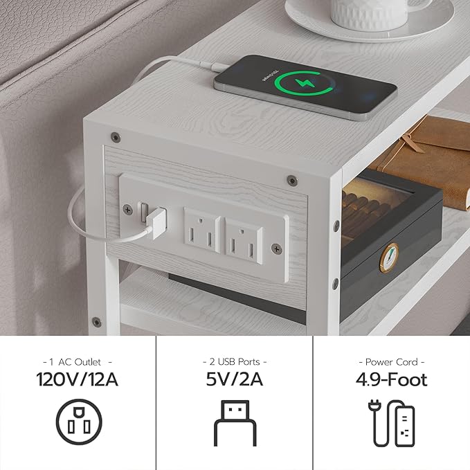 White Side Table with Charging Station, Slim End Tables with Fabric Basket - Image 5