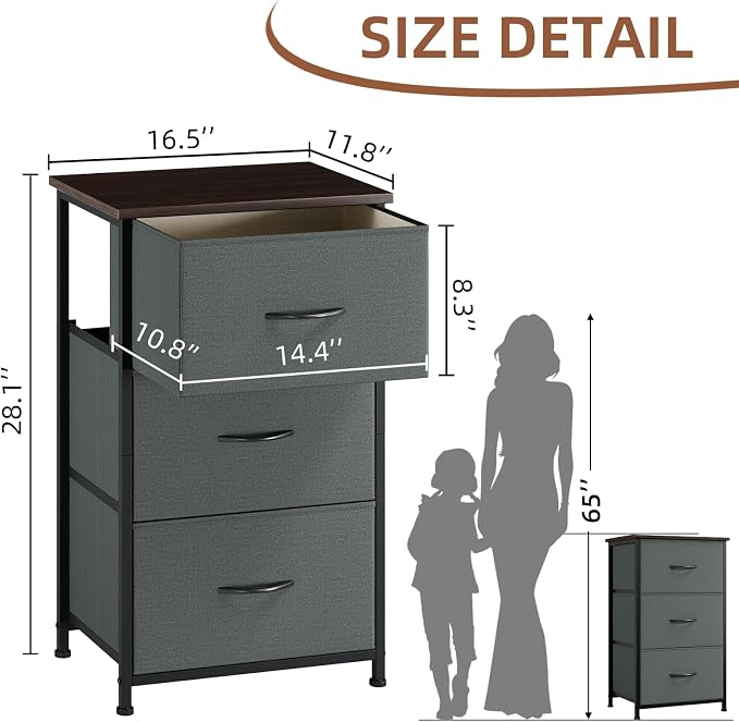 Somdot Small Dresser for Bedroom, 3 Drawer Storage Cabinet, Charcoal Grey | - Image 3