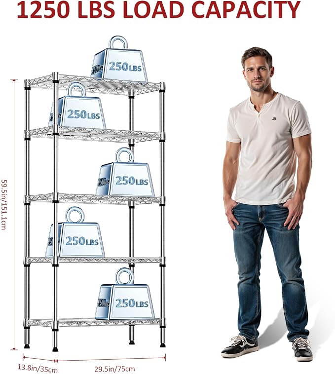 IZEUK 5-Tier Chrome Metal Storage Shelves, Heavy Duty Wire Shelving Unit - Image 3