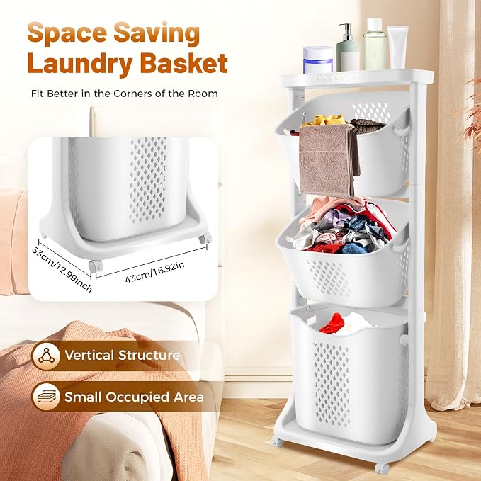 3 Tier stackable Laundry Basket Sorter Portable Rolling Cart Clothes Storage - Image 5