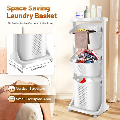 Rolling Laundry Basket Hamper, Laundry Sorter Cart 3 Section on Wheels - Image 3