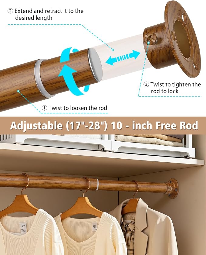 Closet Rods for Hanging Clothes, 17-64 Inch Heavy Duty and Stepless Adjustable - Image 4
