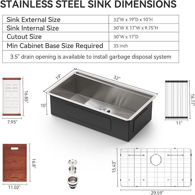 Lordear 32 Undermount Kitchen Sink 32x19 Inch Stainless Steel Kitchen Sinks - Image 5