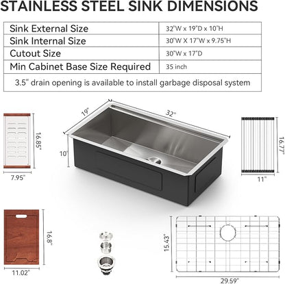 Lordear 32 Undermount Kitchen Sink 32x19 Inch Stainless Steel Kitchen Sinks - Image 5