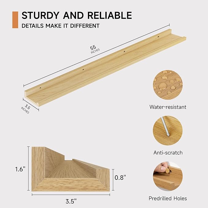 Floating Picture Ledge Shelves for Wall Set of 2, 55 Inches Picture Shelf - Image 3
