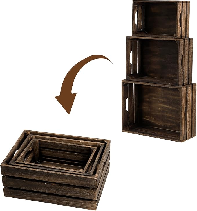 ZOOFOX Set of 3 Nesting Wooden Crates, Rustic Wood Basket - Image 4