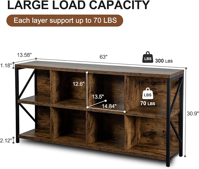 8 Cube Storage Organizer Bookshelf, Industrial Horizontal Bookcase, Accent - Image 2