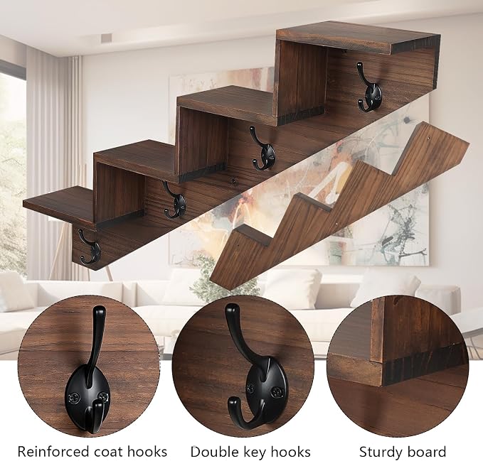 Coat Rack Wall Mount with Shelf, Wall Mounted Rise Wooden shelves - Image 6