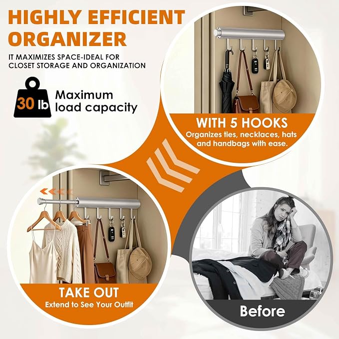 Valet Rod Closet Pull Out 12In Heavy Duty Wardrobe Organizer Silver 1 PCS | - Image 5