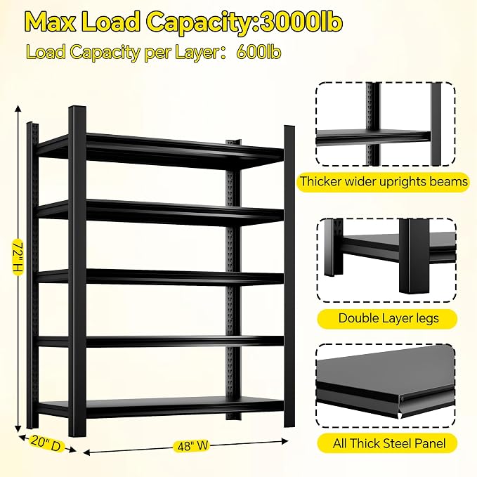 CJF Adjustable Garage Storage Shelves, 5-Tier Garage Shelving Heavy Duty - Image 3