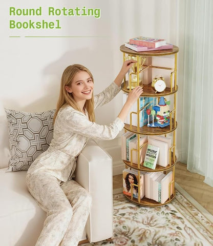 4 Tier Rotating Bookshelf Tower Round Gold, 50” Floor Standing Spinning - Image 7