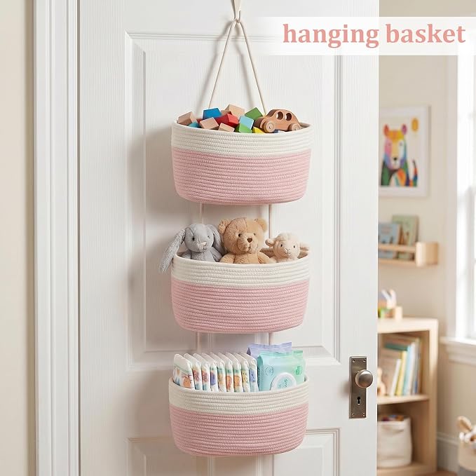 TeoKJ Over the Door Hanging Basket, 3-Tier Woven Cotton Wall-Mounted Storage - Image 4