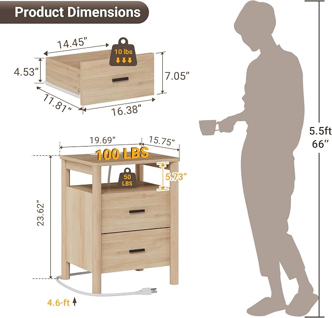 Night Stand with Charging Station, 2 Drawers End Table with Open Shelf - Image 2