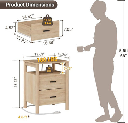 Night Stand with Charging Station, 2 Drawers End Table with Open Shelf - Image 2