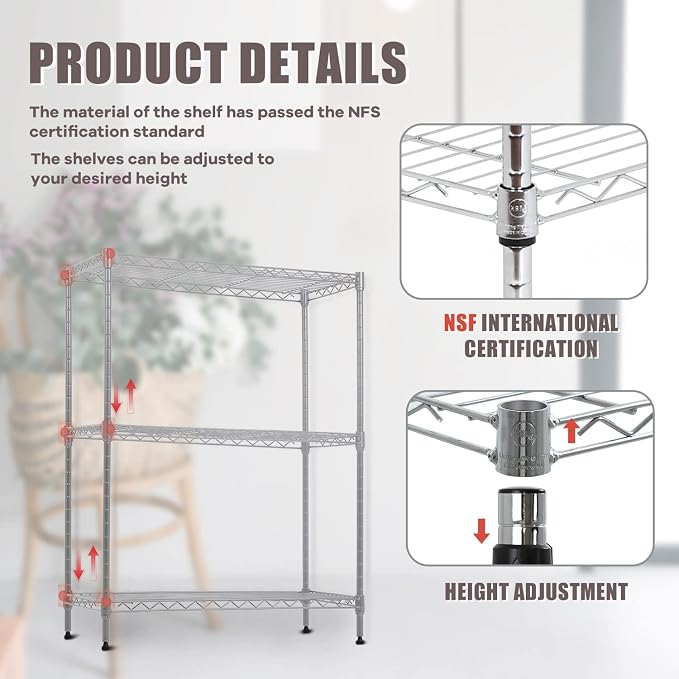 NChanmar 3-Tier Wire Shelving Unit Storage Shelves Shelf Organizer 30"x23"x12" - Image 4