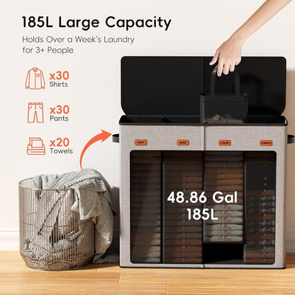 Laundry Hamper 4-Section with Lid, 185L Laundry Sorter with 4 Removable Bags + - Image 3