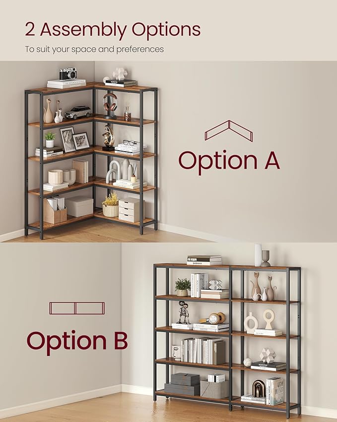 VASAGLE 5 Tier Bookshelf with Metal Frame, Convertible Industrial Corner Shelf - Image 4