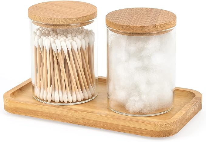 Bamboo Vanity Tray, Bathroom Tray Organizer Glass Qtip Holder Dispenser by BKYFPQ