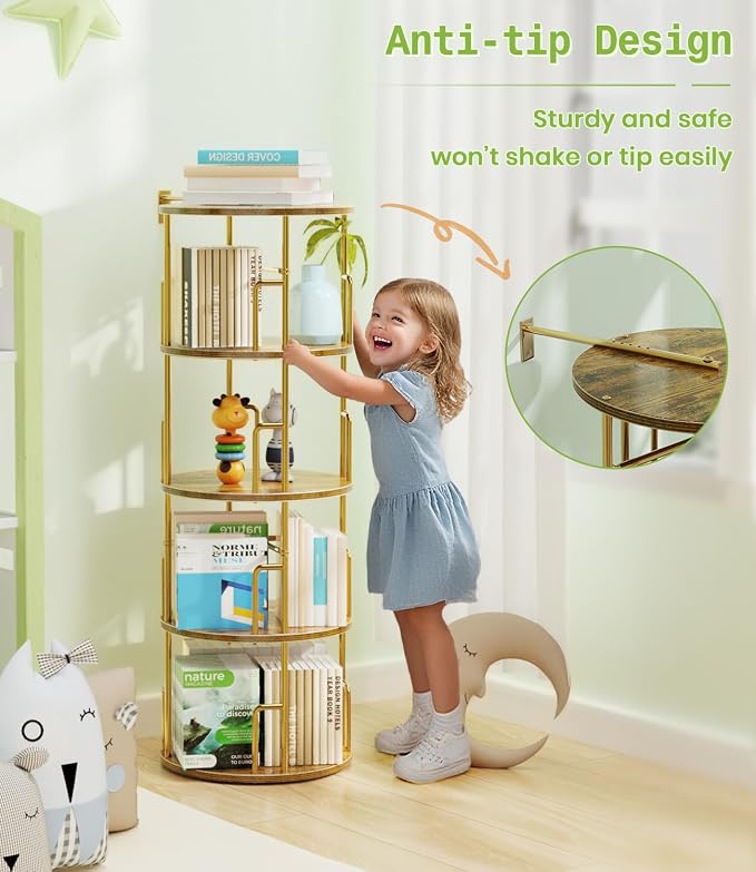 4 Tier Rotating Bookshelf Tower Round Gold, 50” Floor Standing Spinning - Image 6
