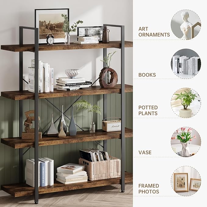 Heavy Duty 4-Tier Industrial Bookcase, 120lbs Shelf Capacity, Rustic Open - Image 3