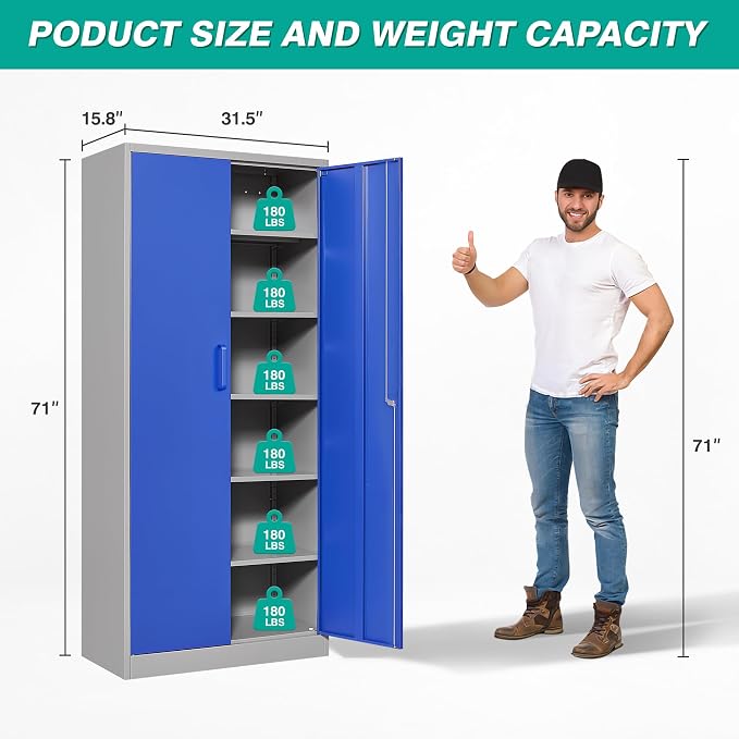 Metal Cabinet with 5 Adjustable Shelves, 6 Tier Garage Storage Cabinet with Lock - Image 2