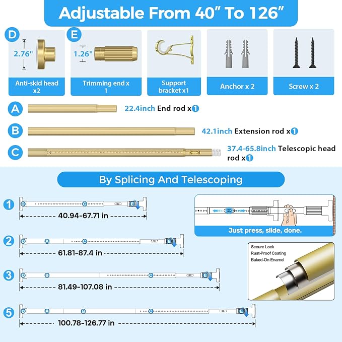 AIZESI 41-124 Inch Heavy Duty Gold Tension Curtain Rod - Image 2