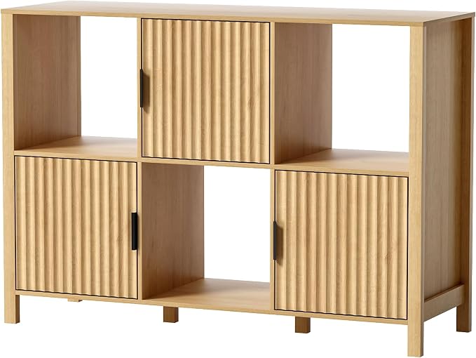 Fluted Storage Bookshelf Set of 2, Modern Wooden 6 Cube Bookcase - Image 7