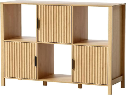 Fluted Storage Bookshelf Set of 2, Modern Wooden 6 Cube Bookcase - Image 7