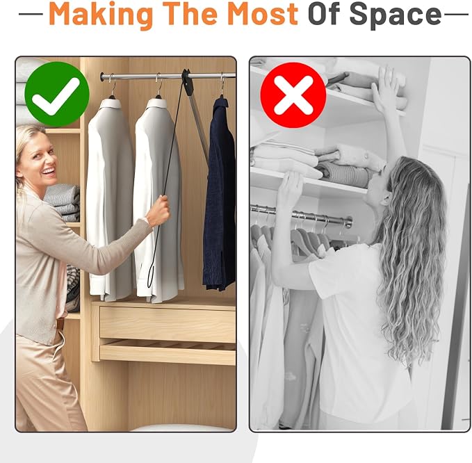 Pull Down Closet Rod, 26 Inch Soft-Close Buffering Clothing Organizer, - Image 7